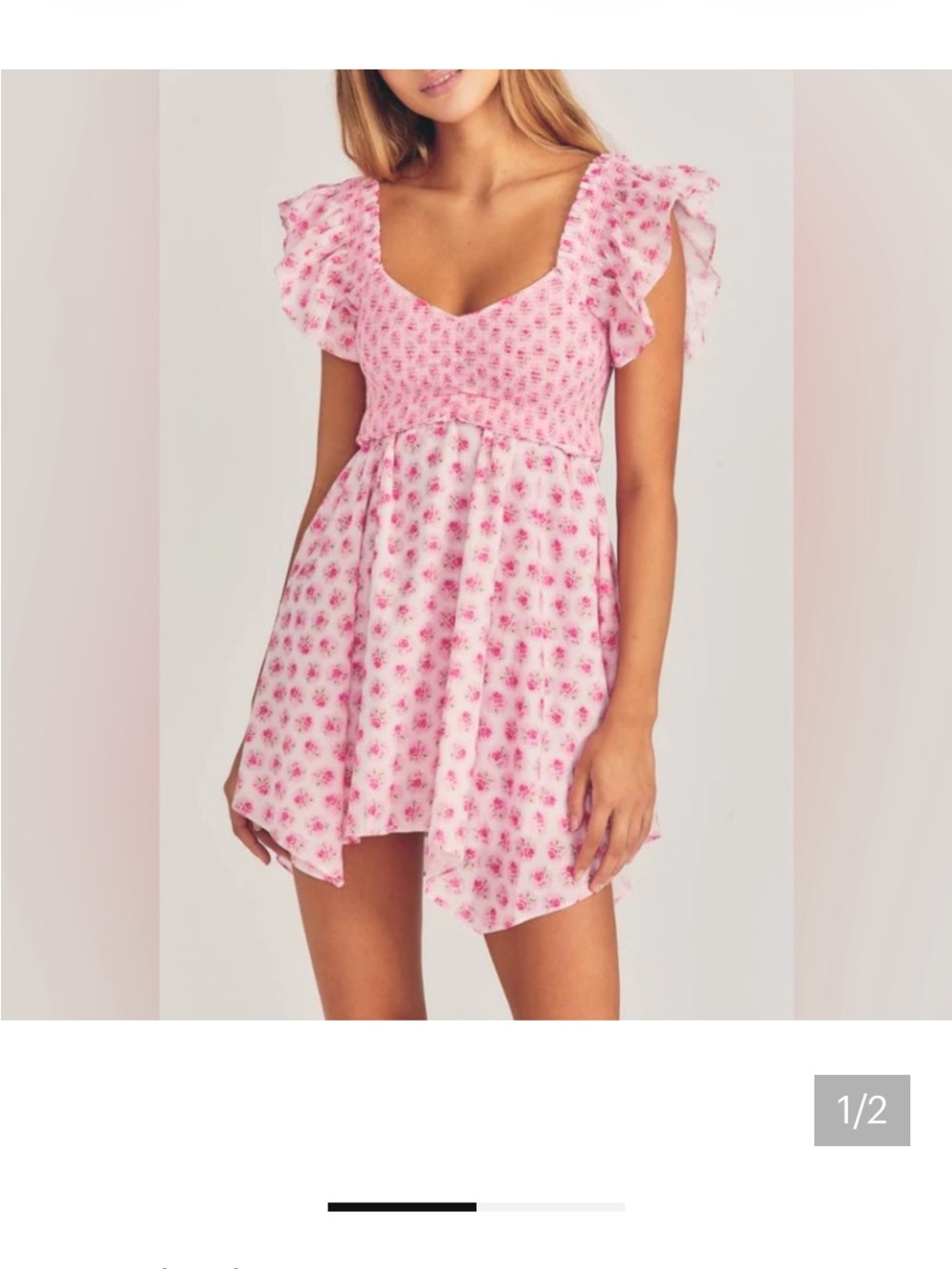 LoveShackFancy Pink Floral Ruffle-Shoulder Babydoll Chemise